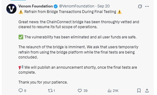 The Venom Foundation confirmed its ChainConnect bridge 