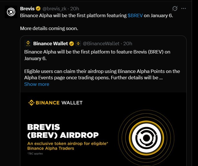 Brevis Token Listing Date Set On Binance Alpha For January 6, 2026