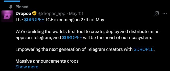 Dropee launch date on May 27, 2026.