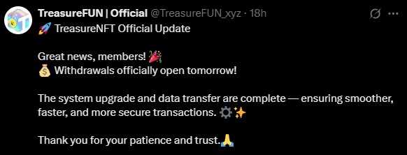 Treasure NFT Withdrawal New Date November 2 Treasure NFT Withdrawal New Date November 2
