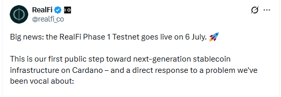 RealFi phase 1 testnet goes live inb July 6