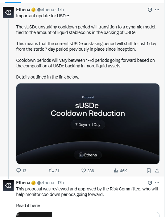 Ethena reduces sUSDe cooldown from 7 days to 1 day to improve liquidity