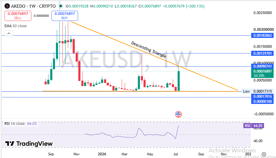 AKEDO AKE weekly chart with descending triangle