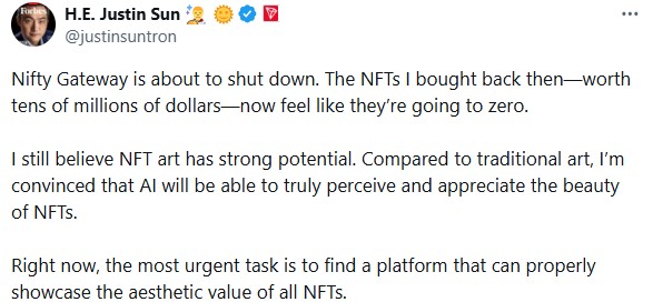 Justin Sun Nifty Gateway Shutdown statement