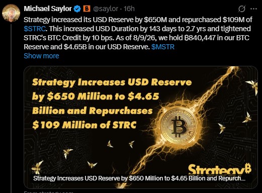 Saylor also confirmed Strategy increased its USD reserve
