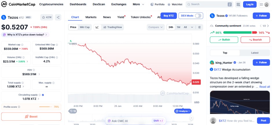top crypto loser today January 29  Tezos XTZ