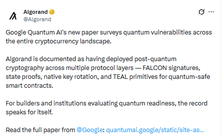 Algorand Google Quantum AI post quantum crypto update