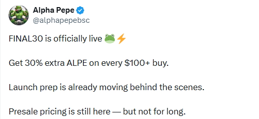 AlphaPepe FINAL30 bonus ALPE presale 