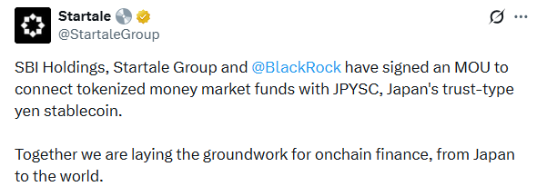 Startale Group X post on BlackRock yen stablecoin plan MOU with SBI Holdings