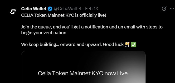 Celia Mainnet Verification and KYC System Activation Celia Mainnet Verification and KYC System Activation