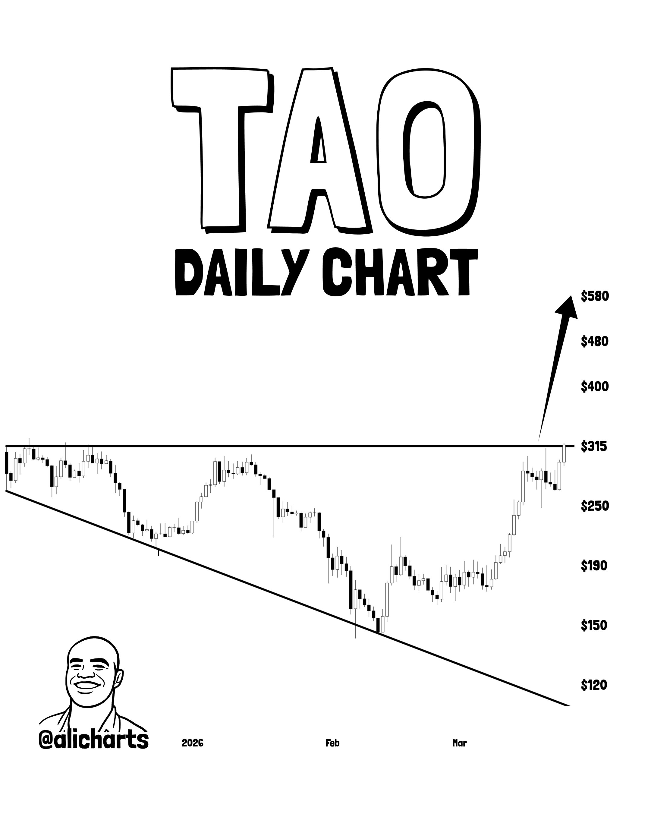 TAO descending broadening wedge breakout targeting 480 to 580 levels