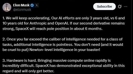 Musk said SpaceX AI efforts are only three years old Musk said SpaceX AI efforts are only three years old
