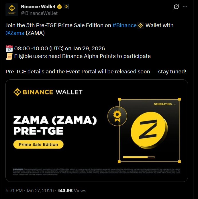 Binance Wallet Announces 5th Pre-TGE Prime Sale Zama (ZAMA).
