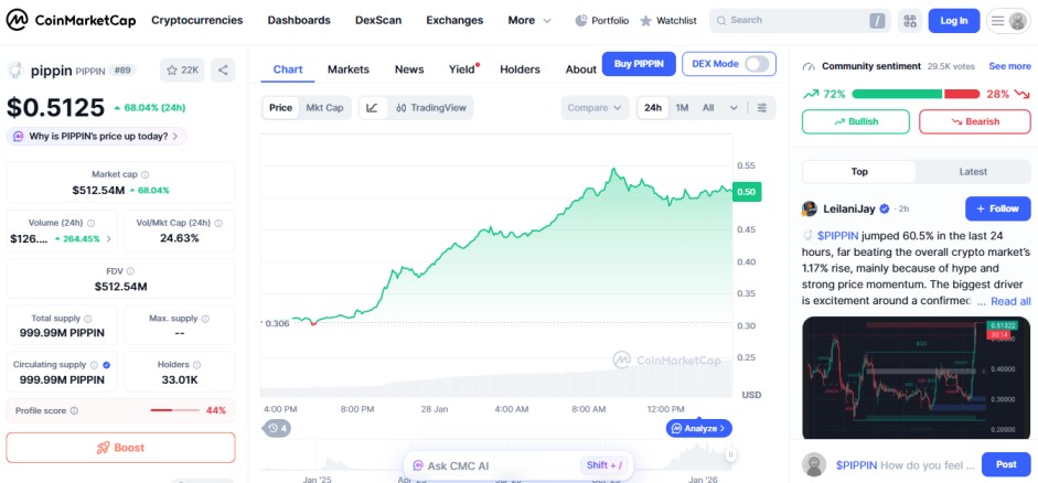 top crypto gainers today January 28 Pippin PIPPIN top crypto gainers today January 28 Pippin PIPPIN