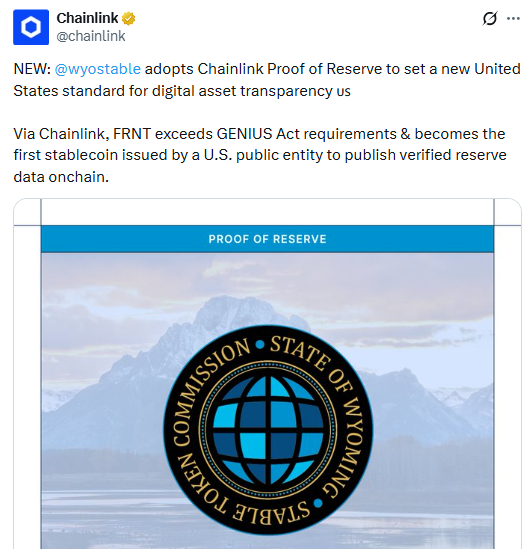 Chainlink News Wyoming FRNT Proof of Reserve