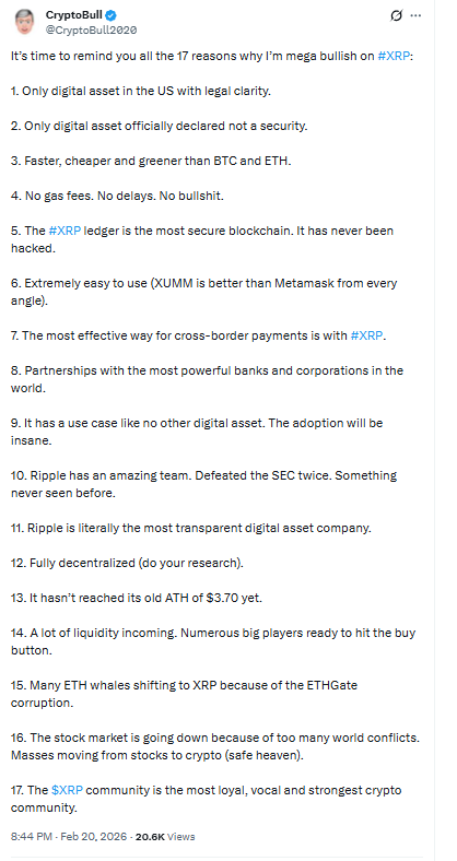  CryptoBull listing 17 bullish reasons for XRP including legal clarity and institutional adoption