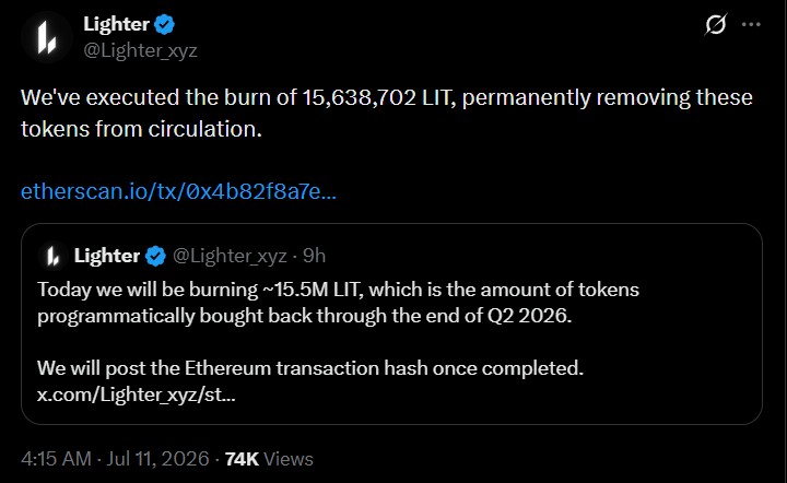 Lighter Token first LIT burn used Q2 buyback revenue