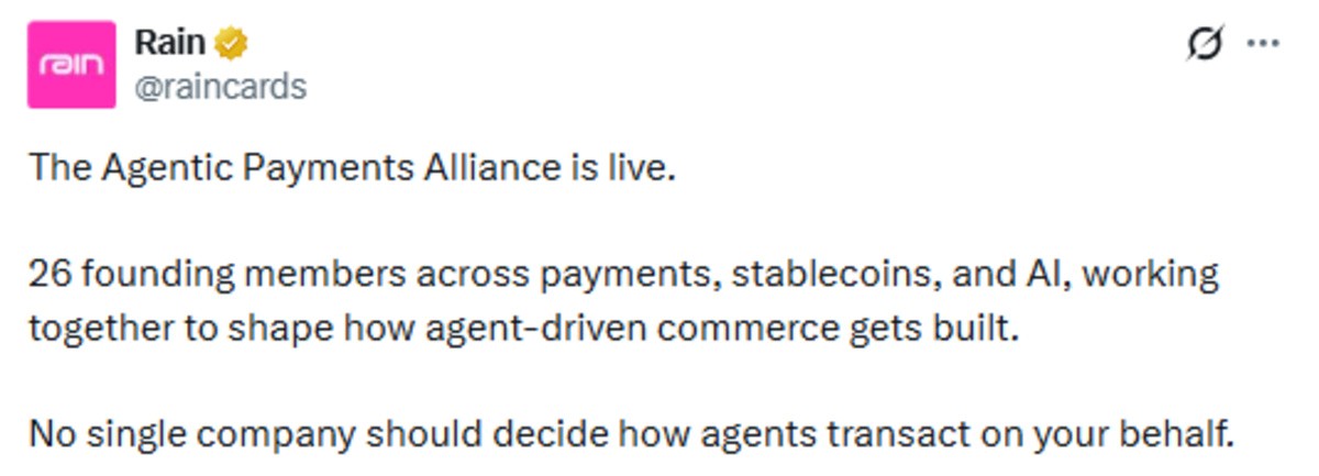  Rain Agentic Payments Alliance official X Post