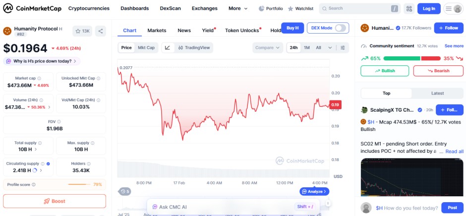 top crypto losers today, 17 feb 2026, Humanity protocol H top crypto losers today, 17 feb 2026, Humanity protocol H