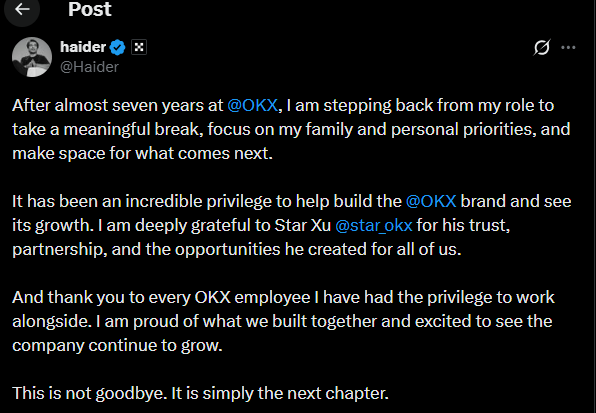 OKX exchange news: CMO Haider Rafique to leave OKX by end of 2026 OKX exchange news: CMO Haider Rafique to leave OKX by end of 2026