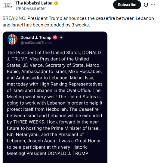 Trump post on Israel Lebanon ceasefire and crypto market impact