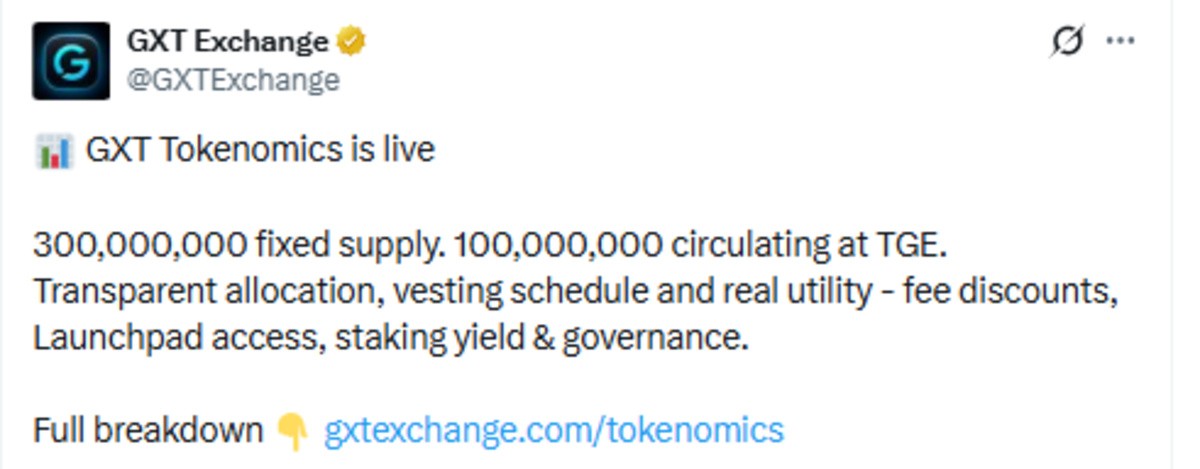 Official GXT Exchange X Post showing tokenomics details