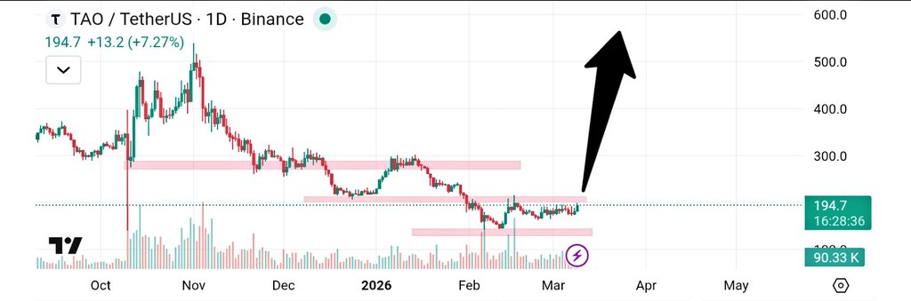 Bittensor TAO daily price chart showing breakout potential toward $300