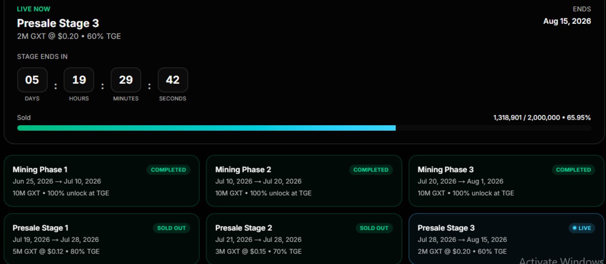 Official GXT Exchange roadmap screenshot showing presale detail 
