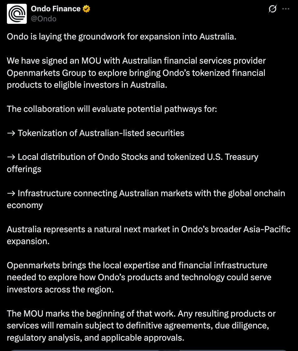 Ondo Finance official Tweet Ondo Finance official Tweet