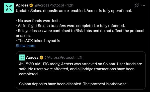 Across Solana deposits have been re-enabled Across Solana deposits have been re-enabled
