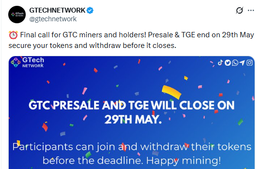 GTech Network GTC token May 30 2026 listing deadline