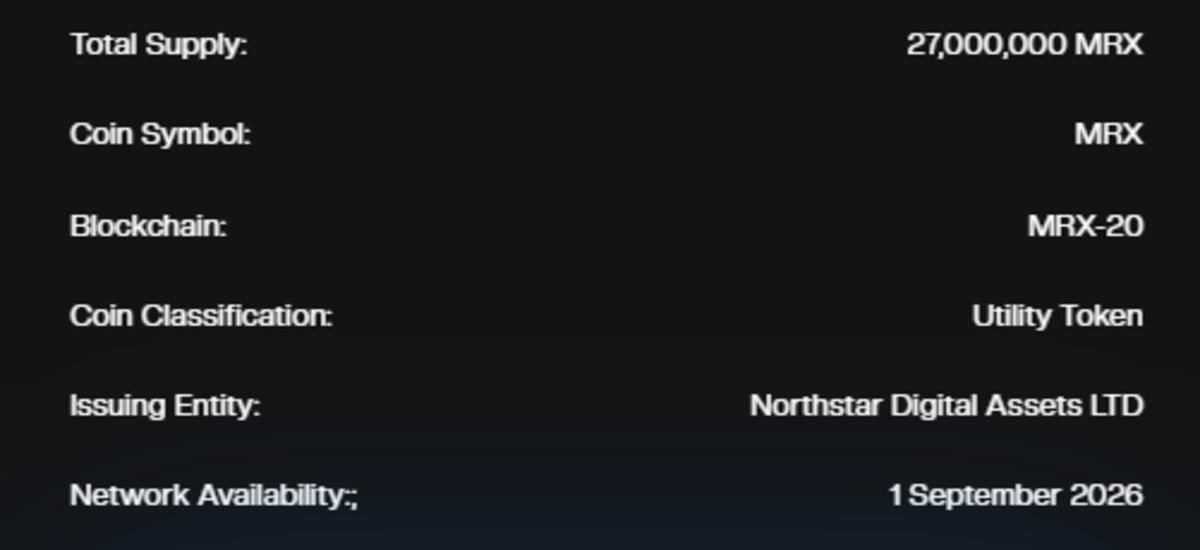 Official website screenshot showing MRX token total supply and details Official website screenshot showing MRX token total supply and details