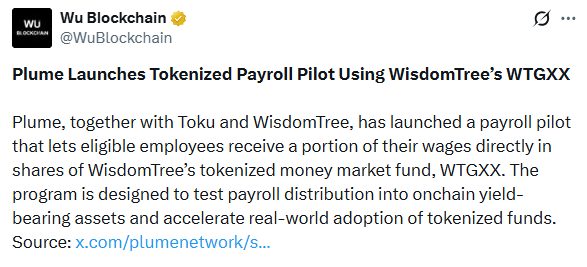 Plume tokenized payroll with WisdomTree WTGXX fund