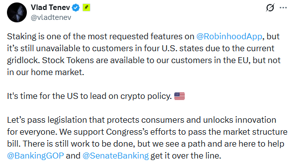 Vlad Tenev Tweet about crypto policy should be lead by US