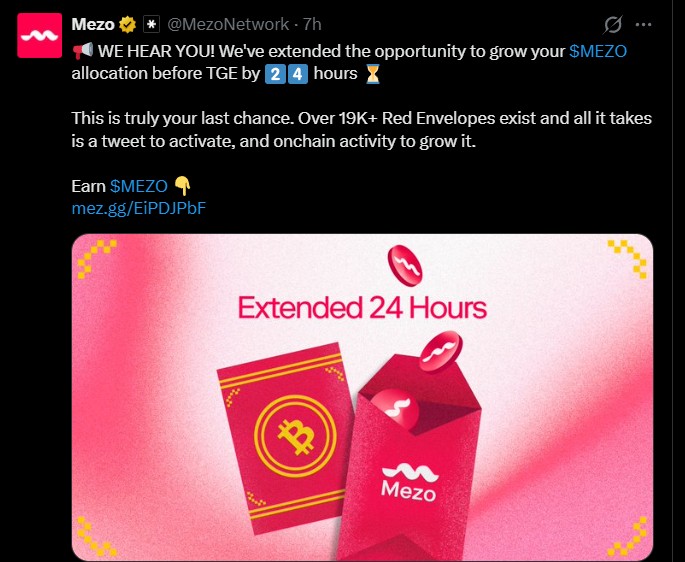 Mezo token extends the Red Envelope airdrop deadline by 24 hours