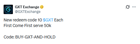 Official GXT exchange X Post screenshot of GXT token reedem code