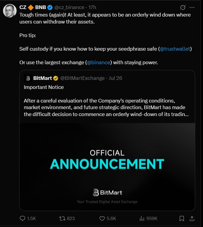 CZ Comments on BitMart Closure and Risks of Acquiring Smaller Crypto Exchanges CZ Comments on BitMart Closure and Risks of Acquiring Smaller Crypto Exchanges