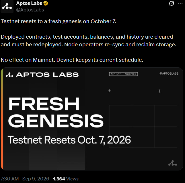 Aptos Testnet Reset Timeline: October 7 and Beyond