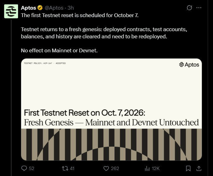 Aptos Announces First Testnet Reset for October 7