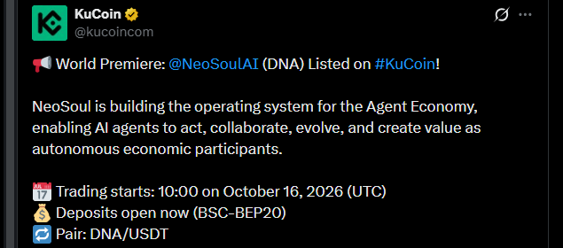 NeoSoul AI DNA token listing X post