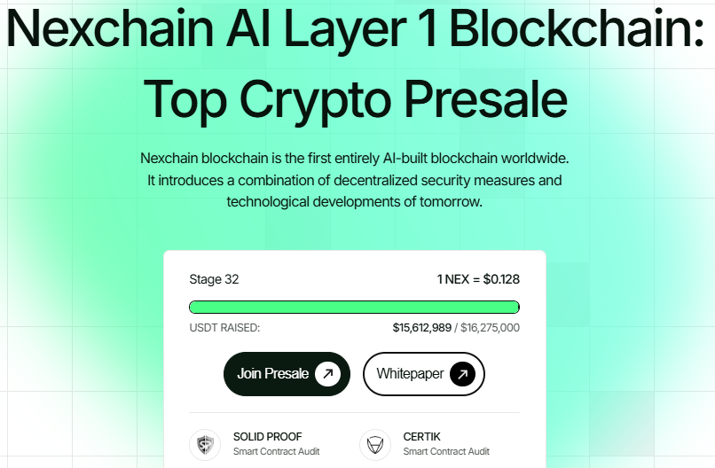 Nexchain presale stage 32 dashboard showing price and funds raised