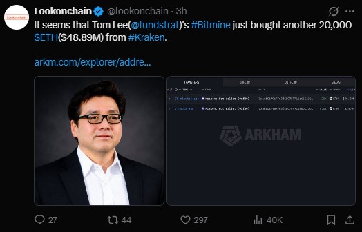 Fundstrat Tom Lee, through his firm Bitmine, added another 20,000 ETH Fundstrat Tom Lee, through his firm Bitmine, added another 20,000 ETH