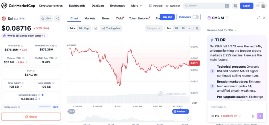 top crypto losers today february 04 Sei SEI