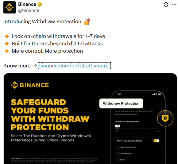 Binance Withdraw Protection feature lock crypto withdrawals security