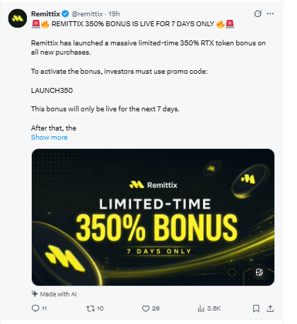 Remittix 350% bonus start 