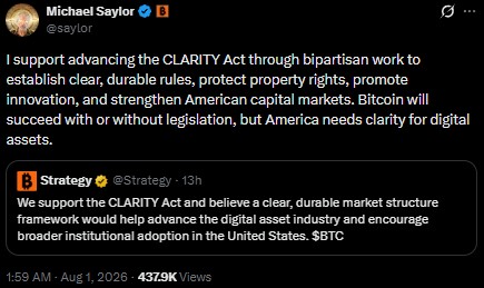 Michael Saylor Supports CLARITY Act for US Crypto Regulation Michael Saylor Supports CLARITY Act for US Crypto Regulation