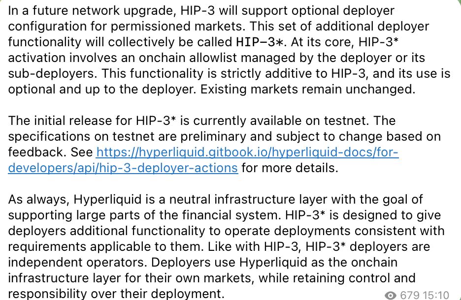 official Telegram Announcement of Hyperliquid 