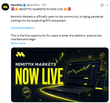 The X announcement confirms Remittix Markets