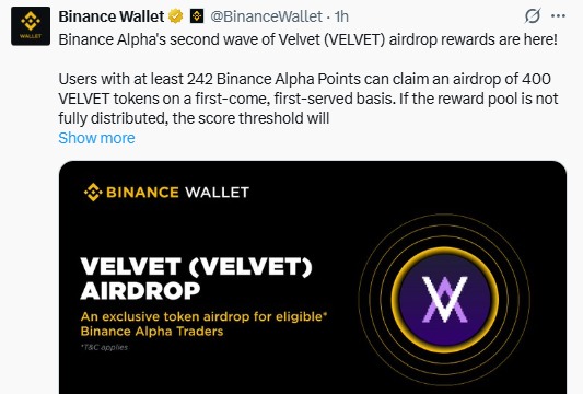 Velvet VELVET airdrop binance alpha Velvet VELVET airdrop binance alpha