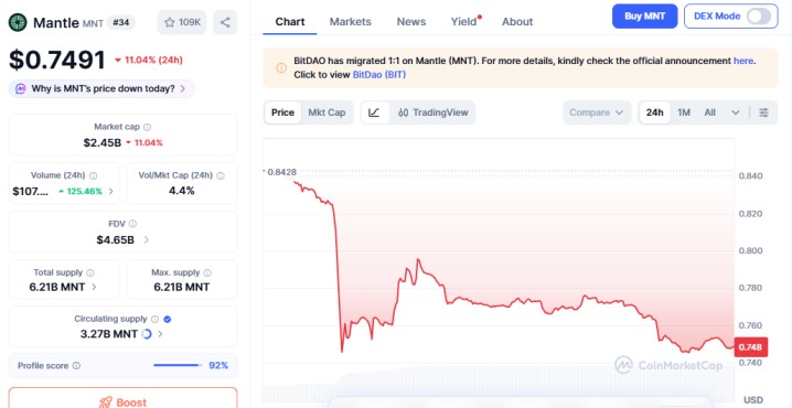 Mantle (MNT) price chart showing decline amid weak market